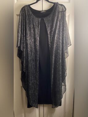 Glamour Silver-Threaded Black Open-Front Poncho Cardigan